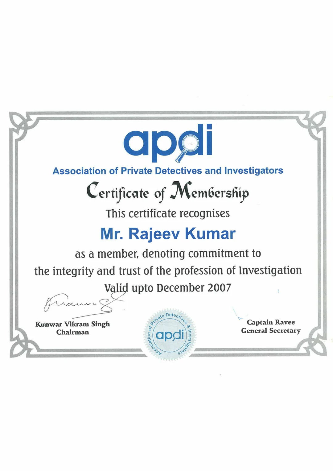MEMBERSHIP OF ASSOCITION OF PRIVATE DETCTIVES AND INVESTIGATORS 2007
