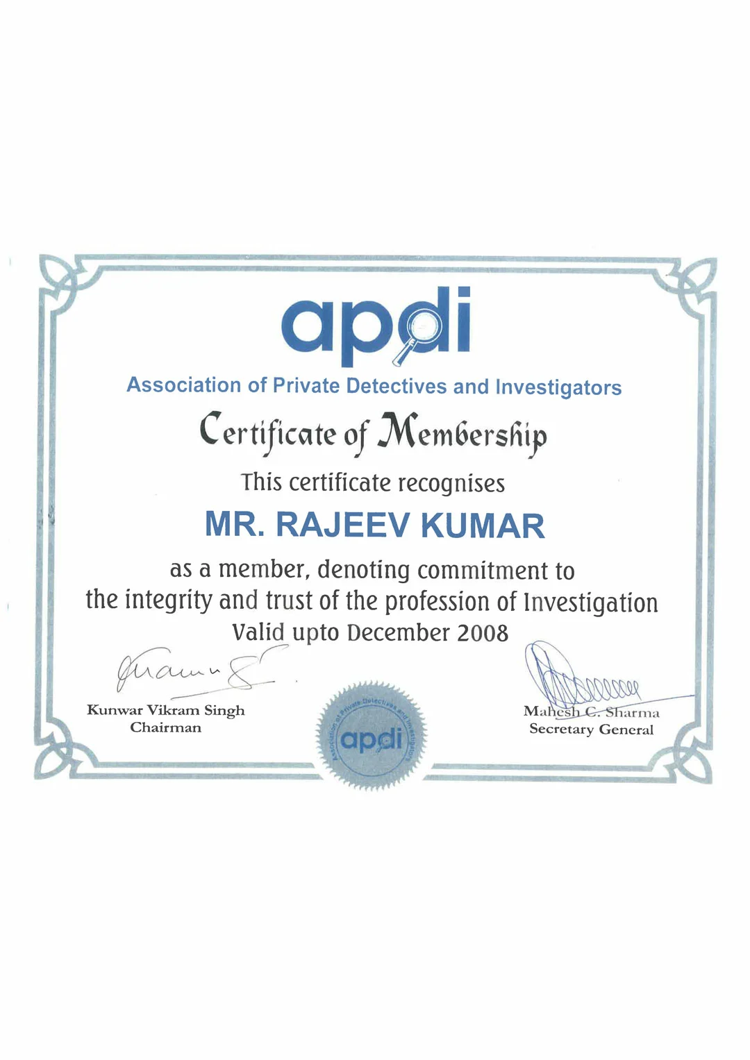 MEMBERSHIP OF ASSOCITION OF PRIVATE DETCTIVES AND INVESTIGATORS 2008
