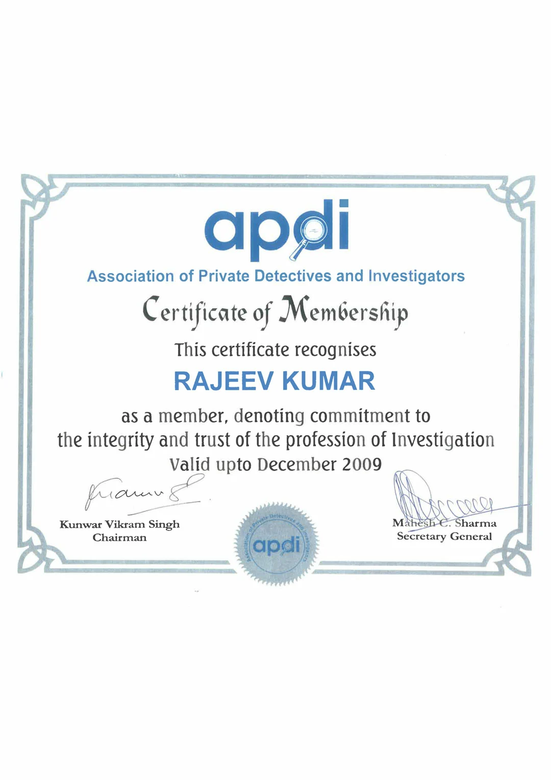 MEMBERSHIP OF ASSOCITION OF PRIVATE DETCTIVES AND INVESTIGATORS 2009