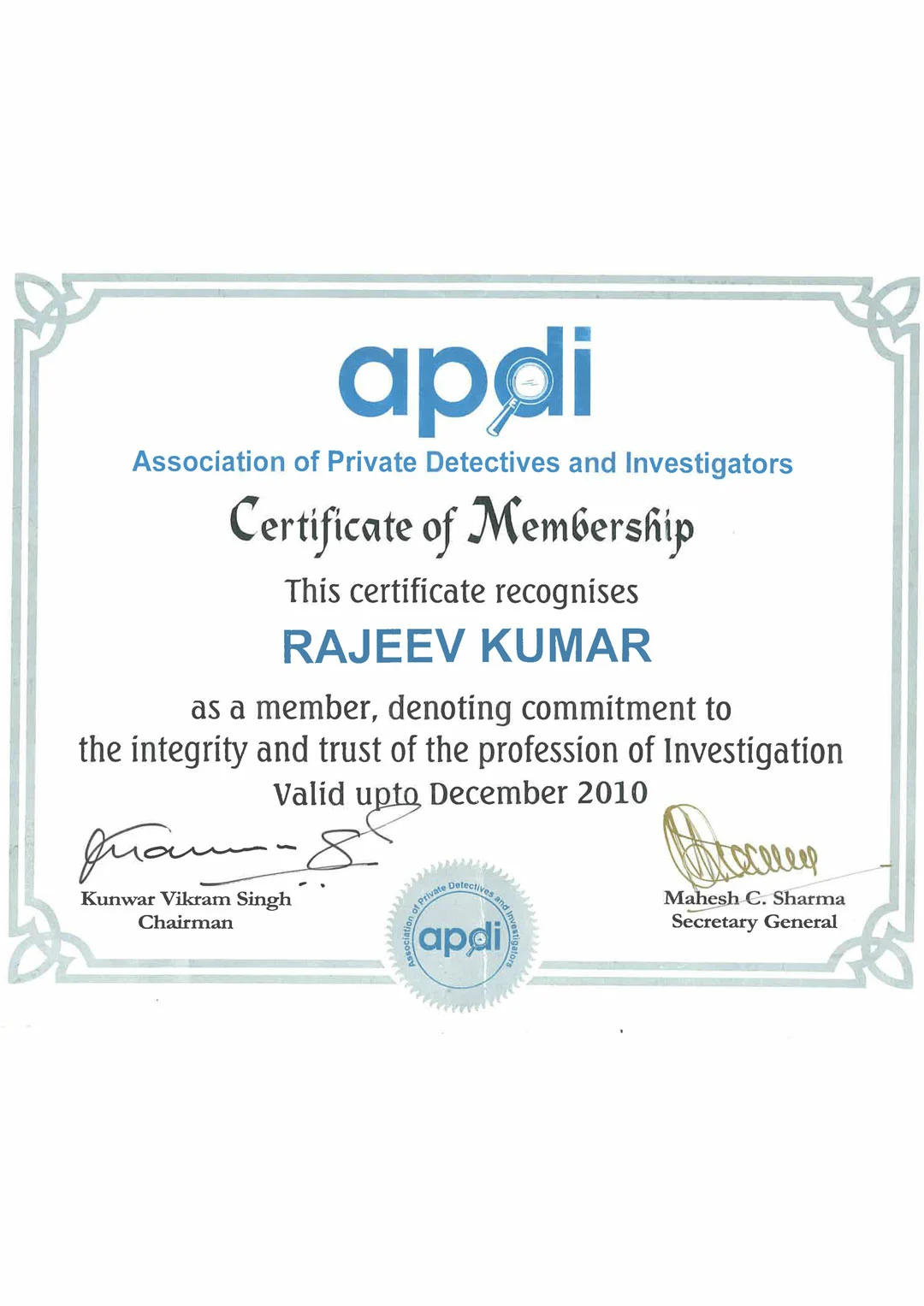 MEMBERSHIP OF ASSOCITION OF PRIVATE DETCTIVES AND INVESTIGATORS 2010