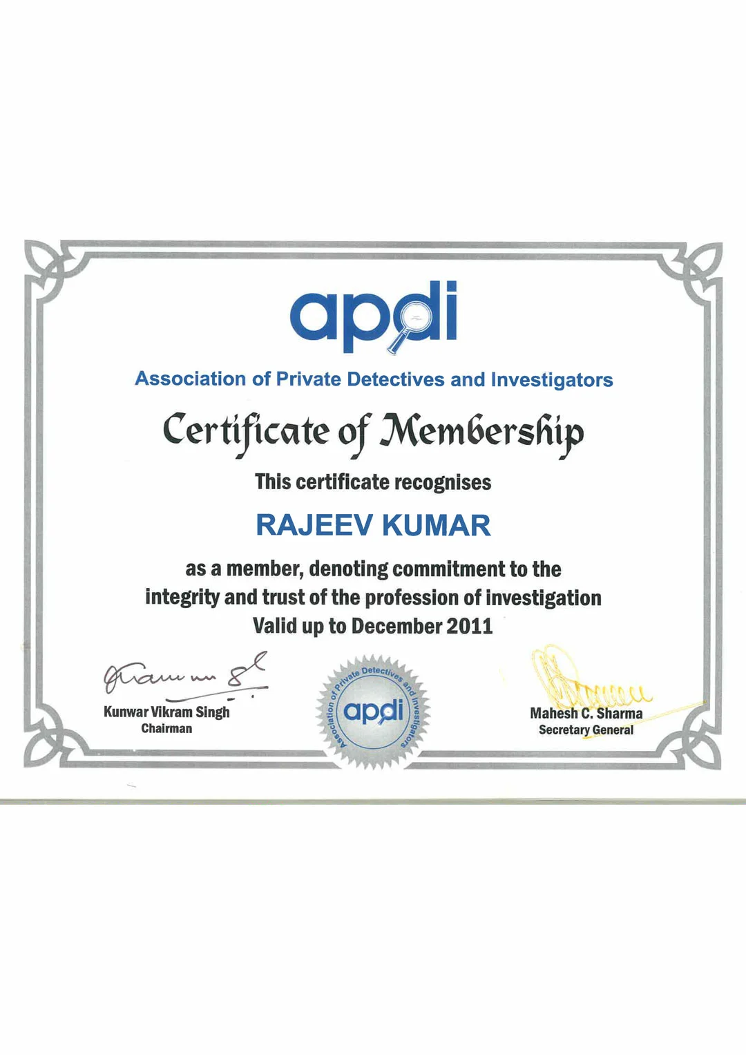 MEMBERSHIP OF ASSOCITION OF PRIVATE DETCTIVES AND INVESTIGATORS 2011