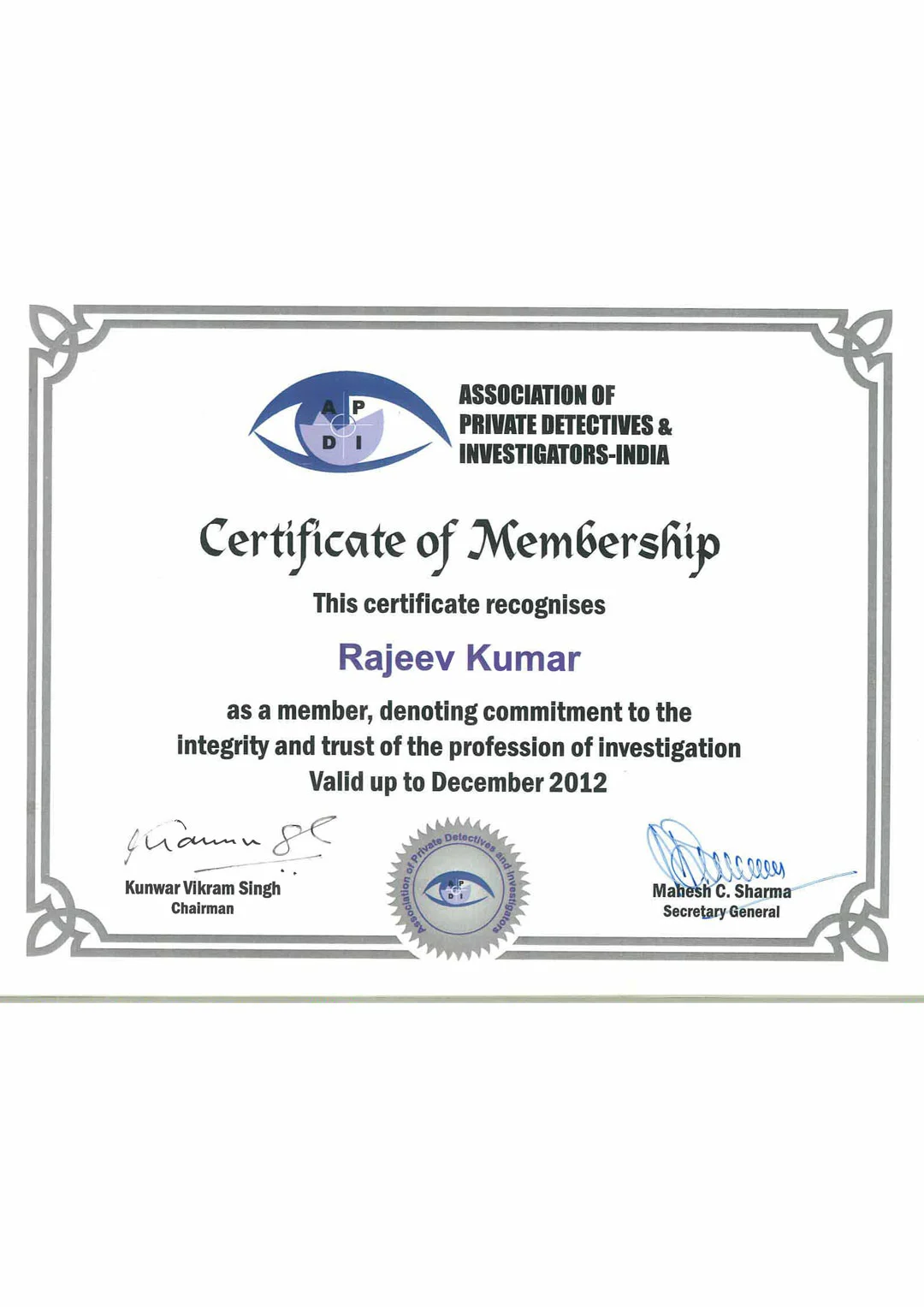 MEMBERSHIP OF ASSOCITION OF PRIVATE DETCTIVES AND INVESTIGATORS 2012