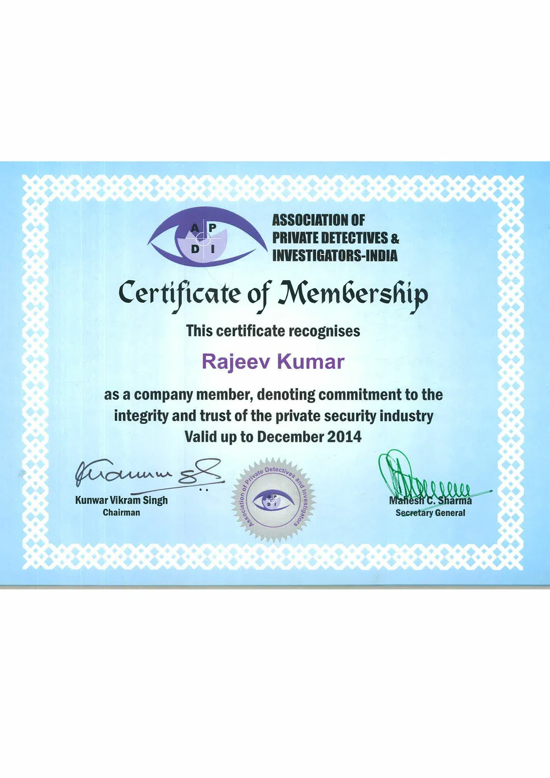 MEMBERSHIP OF ASSOCITION OF PRIVATE DETCTIVES AND INVESTIGATORS 2014