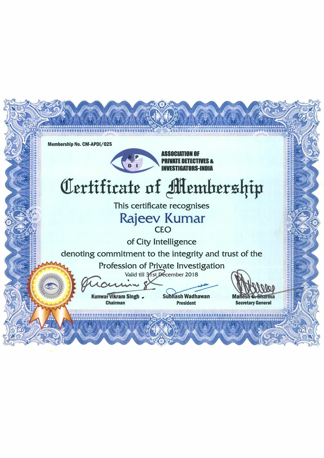 MEMBERSHIP OF ASSOCITION OF PRIVATE DETCTIVES AND INVESTIGATORS 2018
