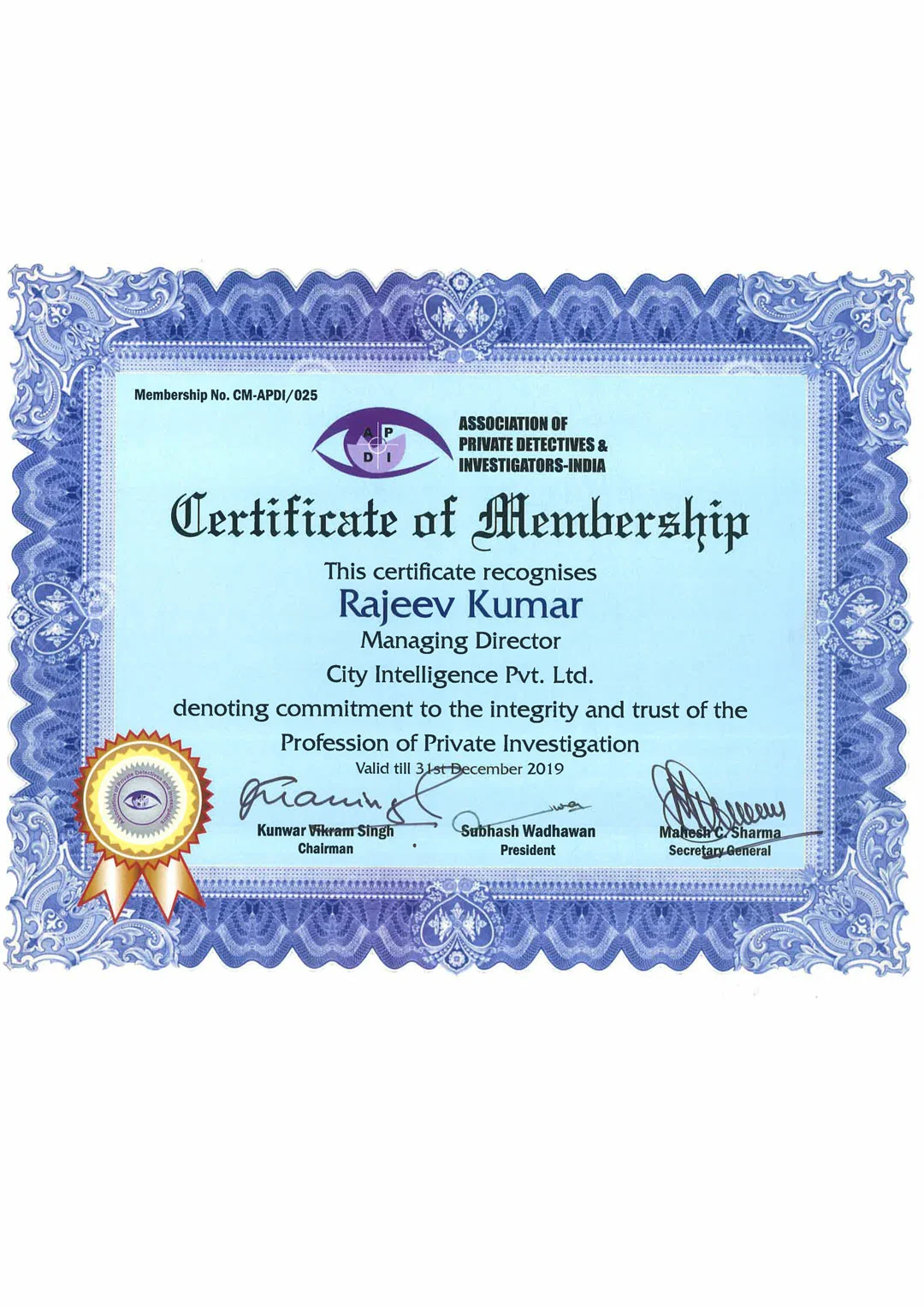 MEMBERSHIP OF ASSOCITION OF PRIVATE DETCTIVES AND INVESTIGATORS 2019