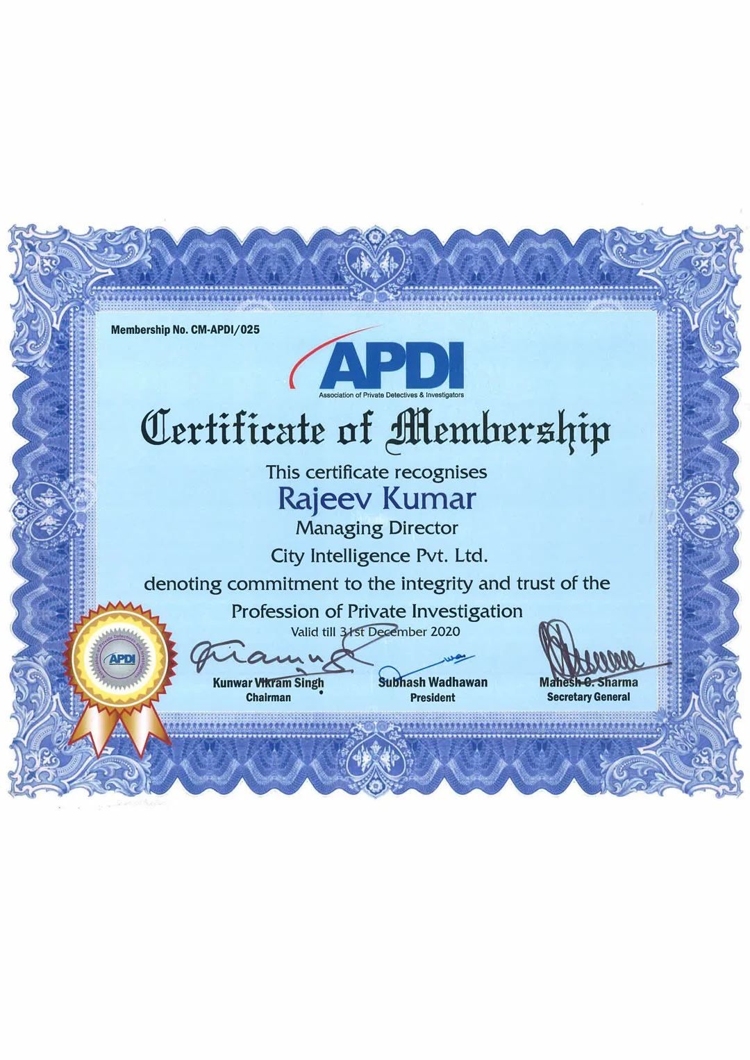 MEMBERSHIP OF ASSOCITION OF PRIVATE DETCTIVES AND INVESTIGATORS 2020