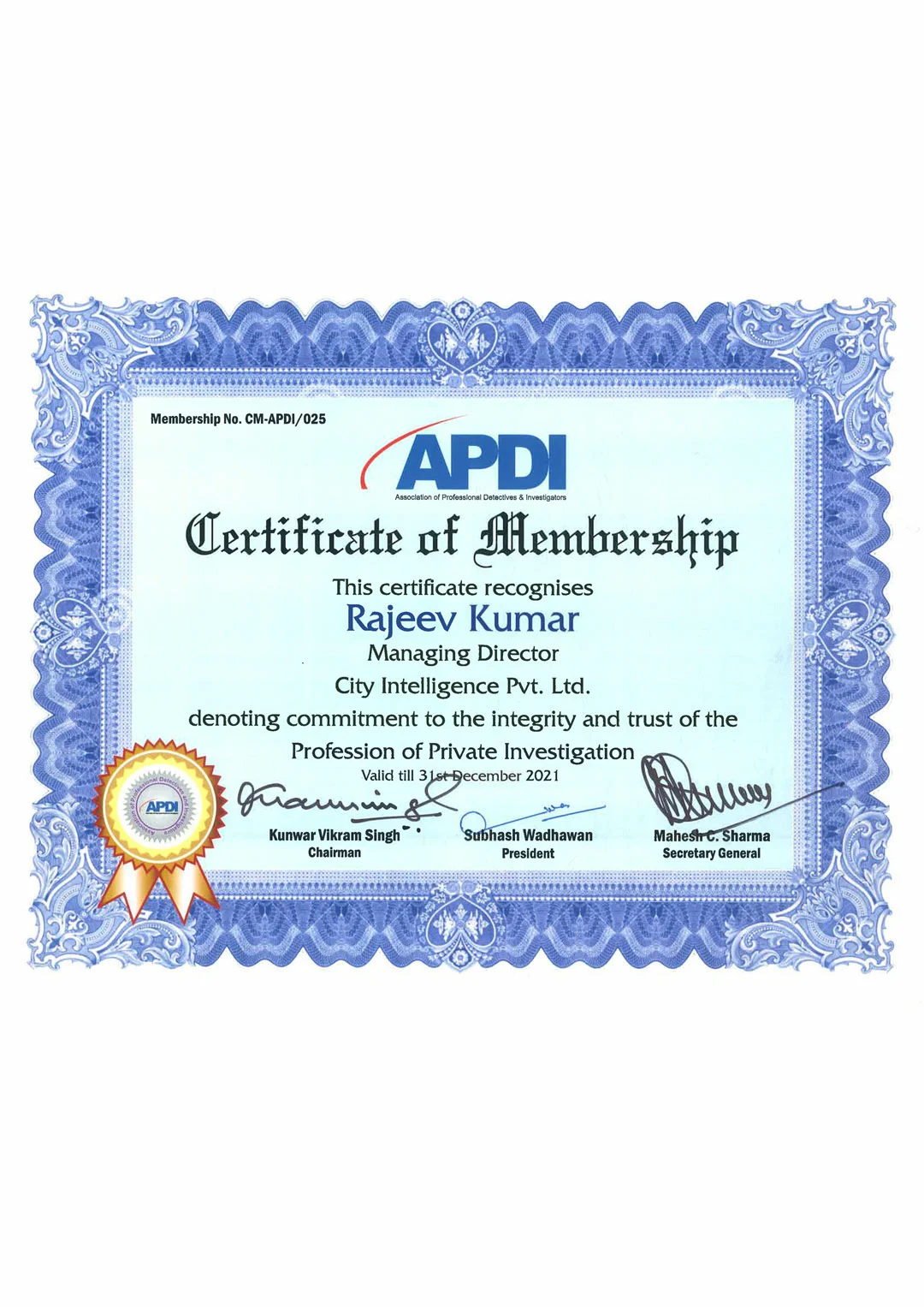 MEMBERSHIP OF ASSOCITION OF PRIVATE DETCTIVES AND INVESTIGATORS 2021