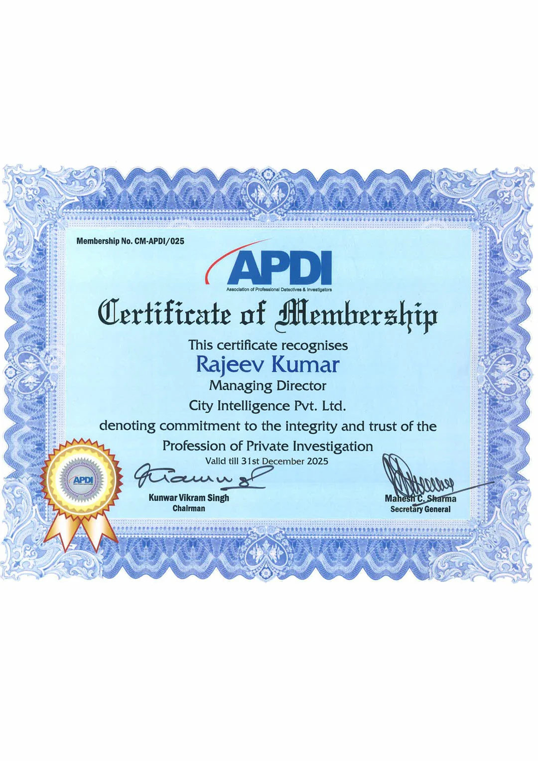 MEMBERSHIP OF ASSOCITION OF PRIVATE DETCTIVES AND INVESTIGATORS 2025